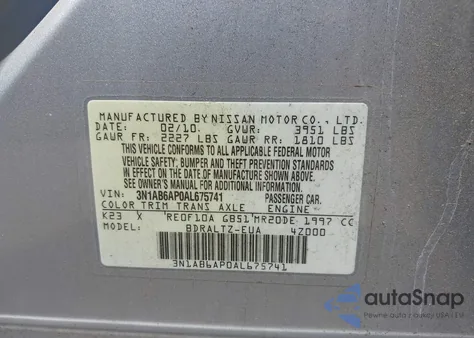 2010 Nissan Sentra 2.0Sr z USA, uszkodzony, nr VIN 3N1AB6AP0AL675741